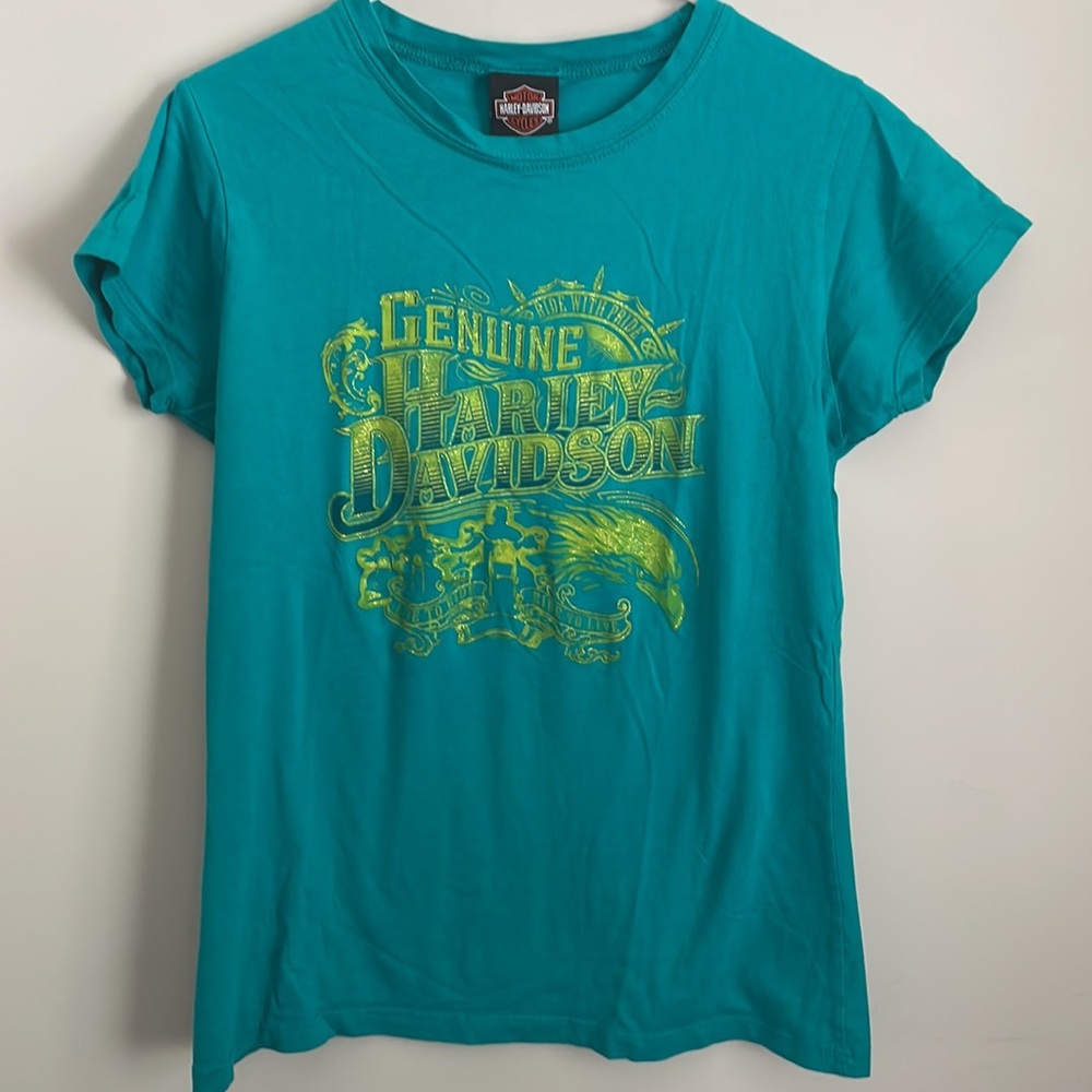 Harley-Davidson crew neck with Aqua-Teal Blue with Lime Shimmery Graphic- Large